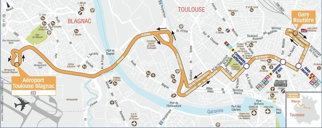 mapa transfer z / do lotniska Tuluza trasę